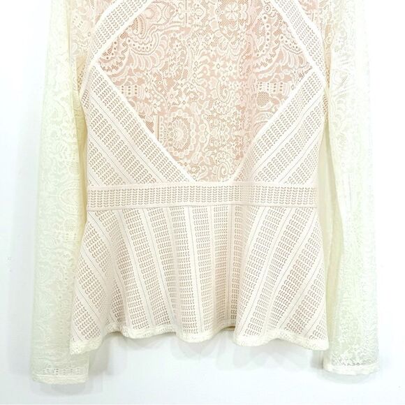 BCBGMaxazria Ivory Lace Long Sleeve Peplum Pullover Shirt - Picture 6 of 16
